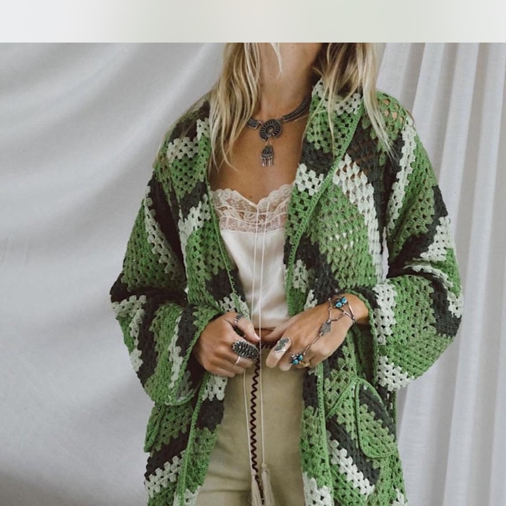 Chasing Unicorns Magic Carpet Ride Short Crochet Coat - Green